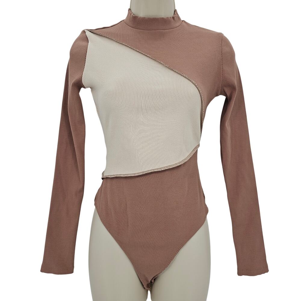Naked Wardrobe Womans size L Mock Neck Ribbed Colorblock Bodysuit Tan/Cream NWOT